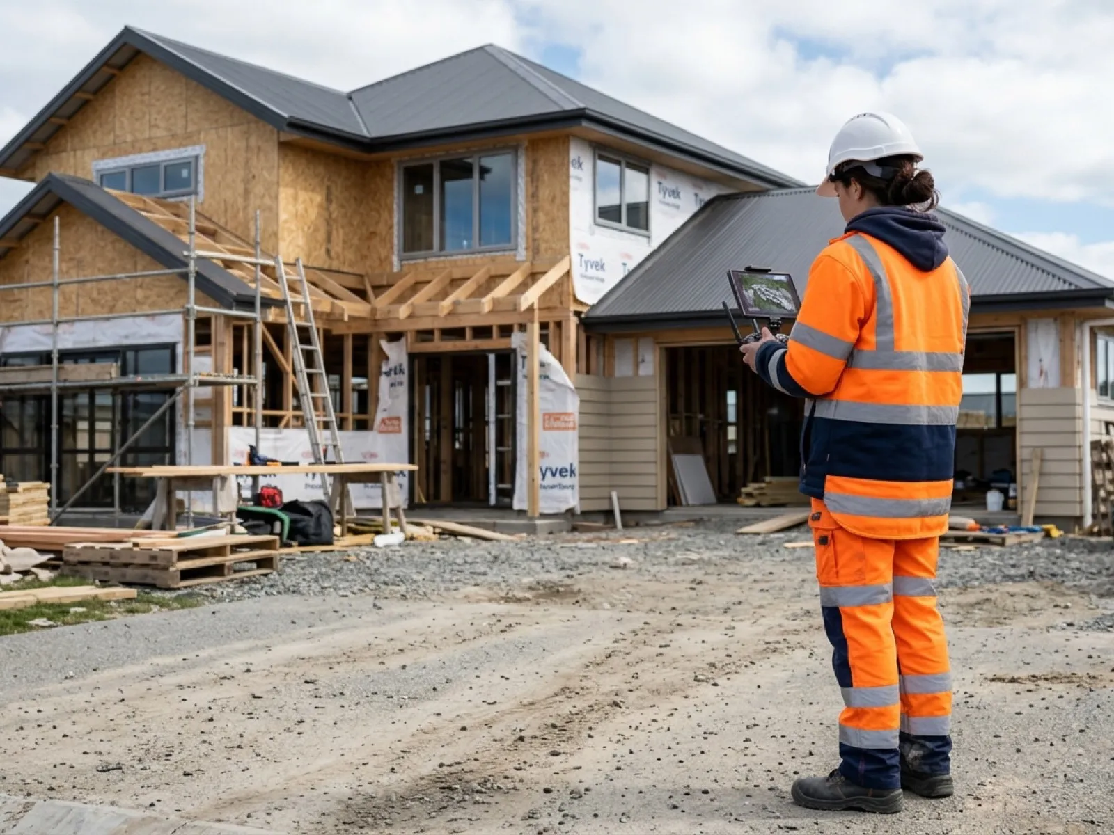 Sam Hembury operating a drone controller on site