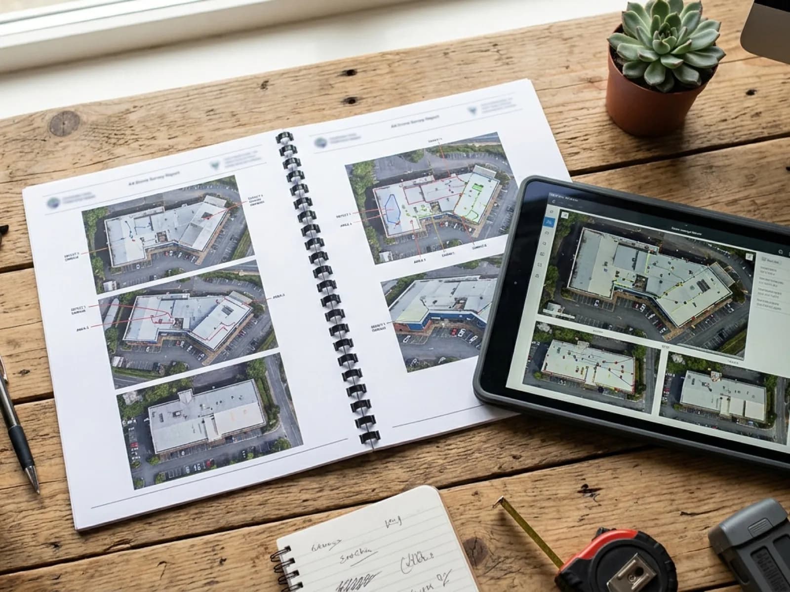A printed survey report with annotated roof photographs
